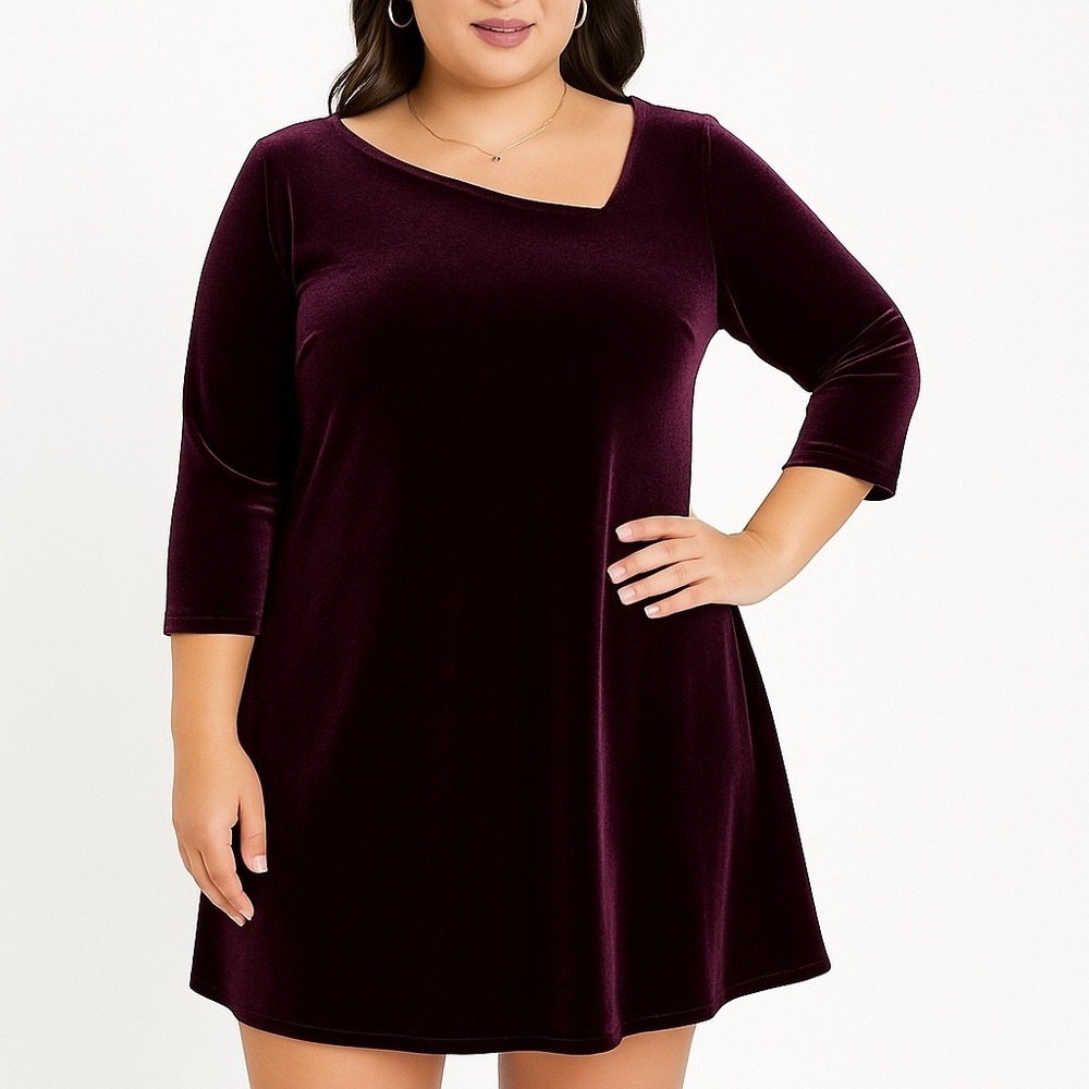 K.C. Spencer Velvet Dress‎ Size 14P Purple 90s Asymmetrical Neckline Womens M/L